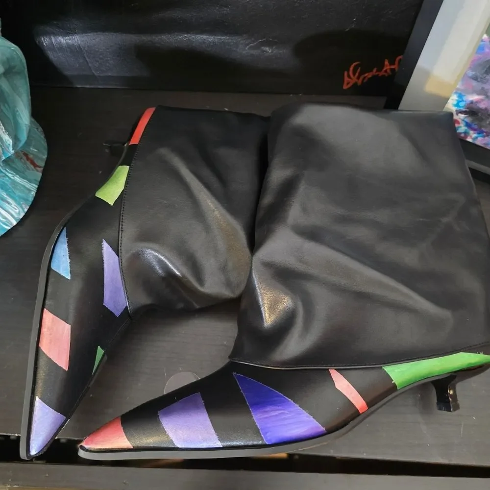 HANDCRAFTED Upcycled Abstract Ankle Boots HANDPAINTED Kitten Heel Slouch Booties